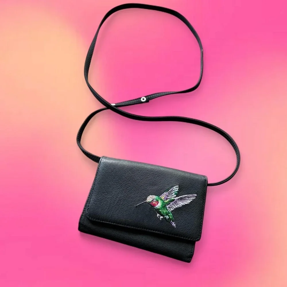Hummingbird Crossbody Wallet Purse Black Embroidered Mini Bag